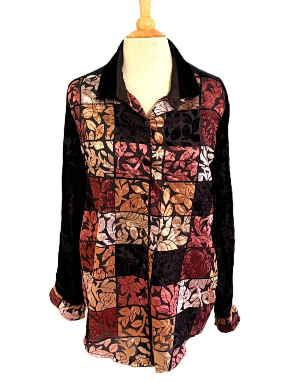 Vintage Y2K Black Velveteen Tunic Large Tall Boho Cottage Grandmacore Fall Leaf